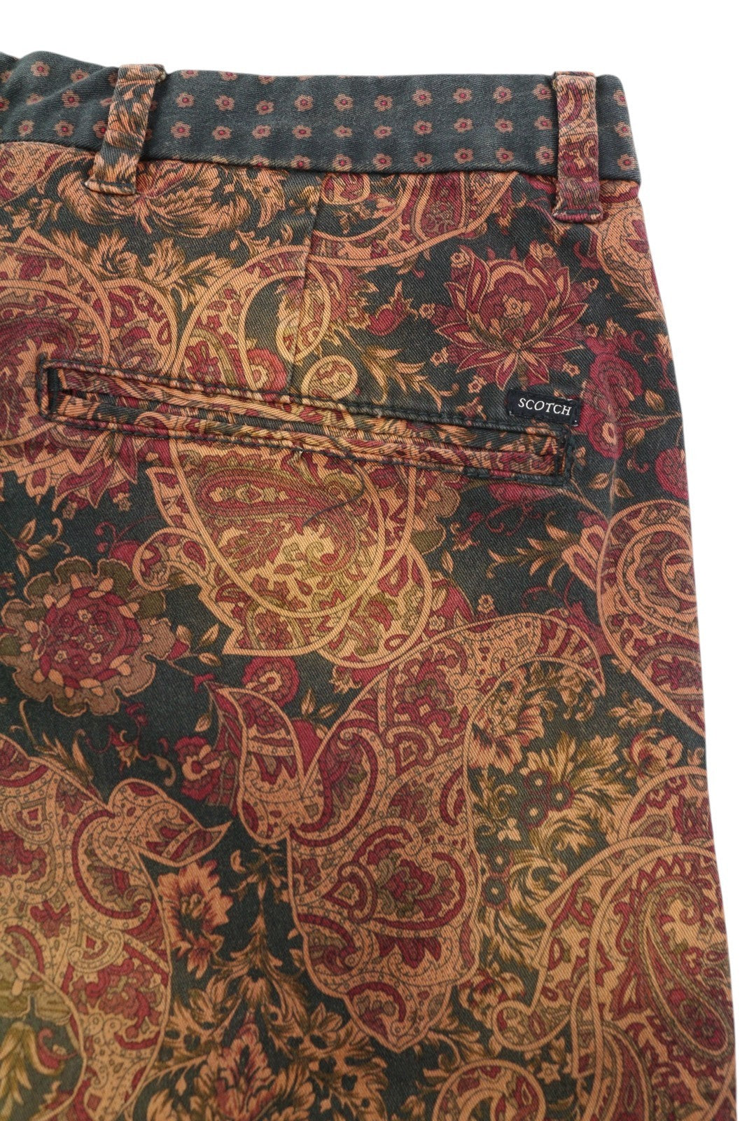 SCOTCH &amp; SODA vyriški šortai W30 rudi su Paisley raštu, užtrauktuku ir logotipu, laisvalaikio chino džemperis 