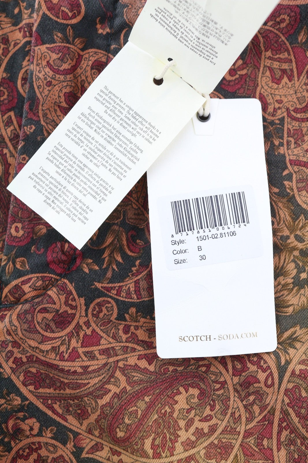 SCOTCH &amp; SODA vyriški šortai W30 rudi su Paisley raštu, užtrauktuku ir logotipu, laisvalaikio chino džemperis 