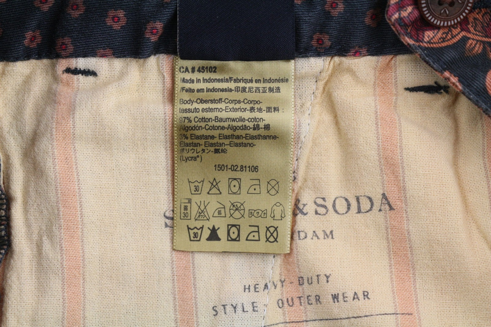 SCOTCH &amp; SODA vyriški šortai W30 rudi su Paisley raštu, užtrauktuku ir logotipu, laisvalaikio chino džemperis 