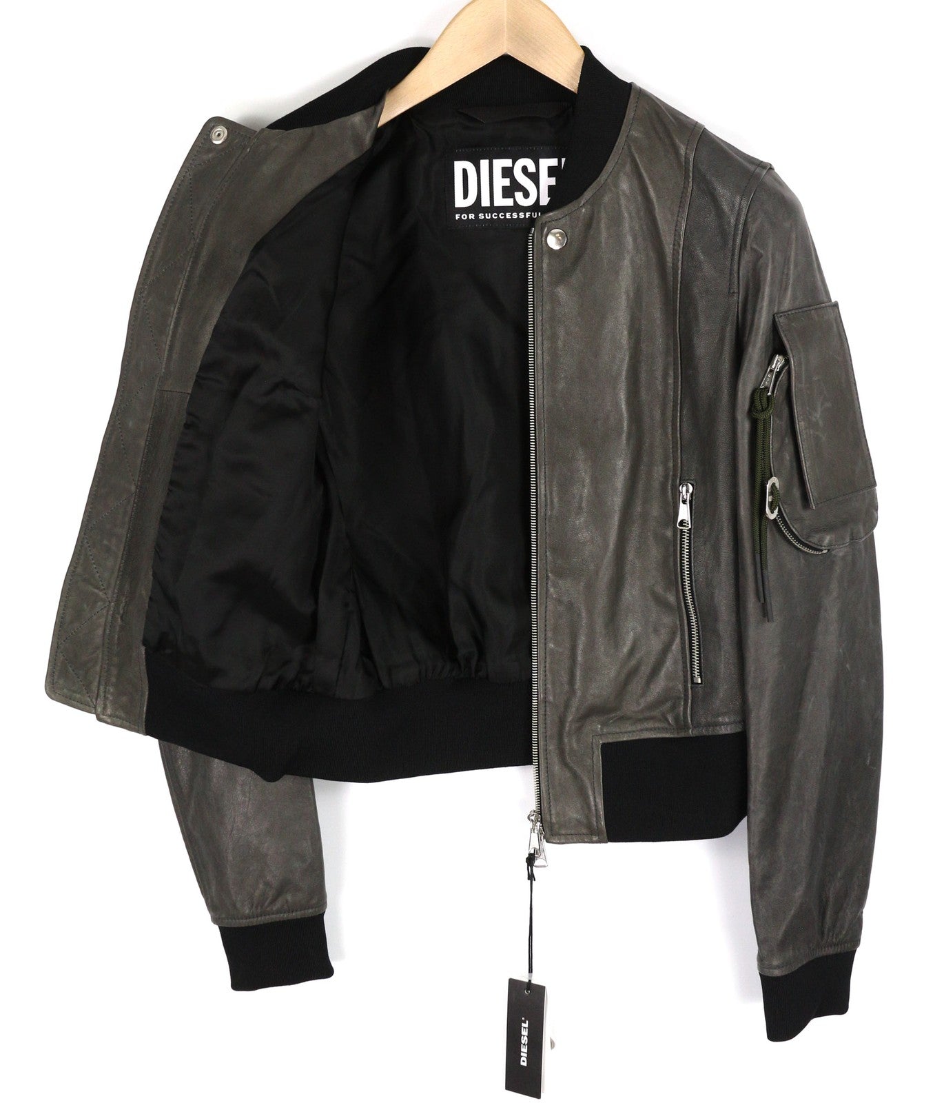 DIESEL L-Elia moteriška striukė M, bomber stiliaus, avikailio, odos, su užtrauktuku, pilka, RRP 795 €