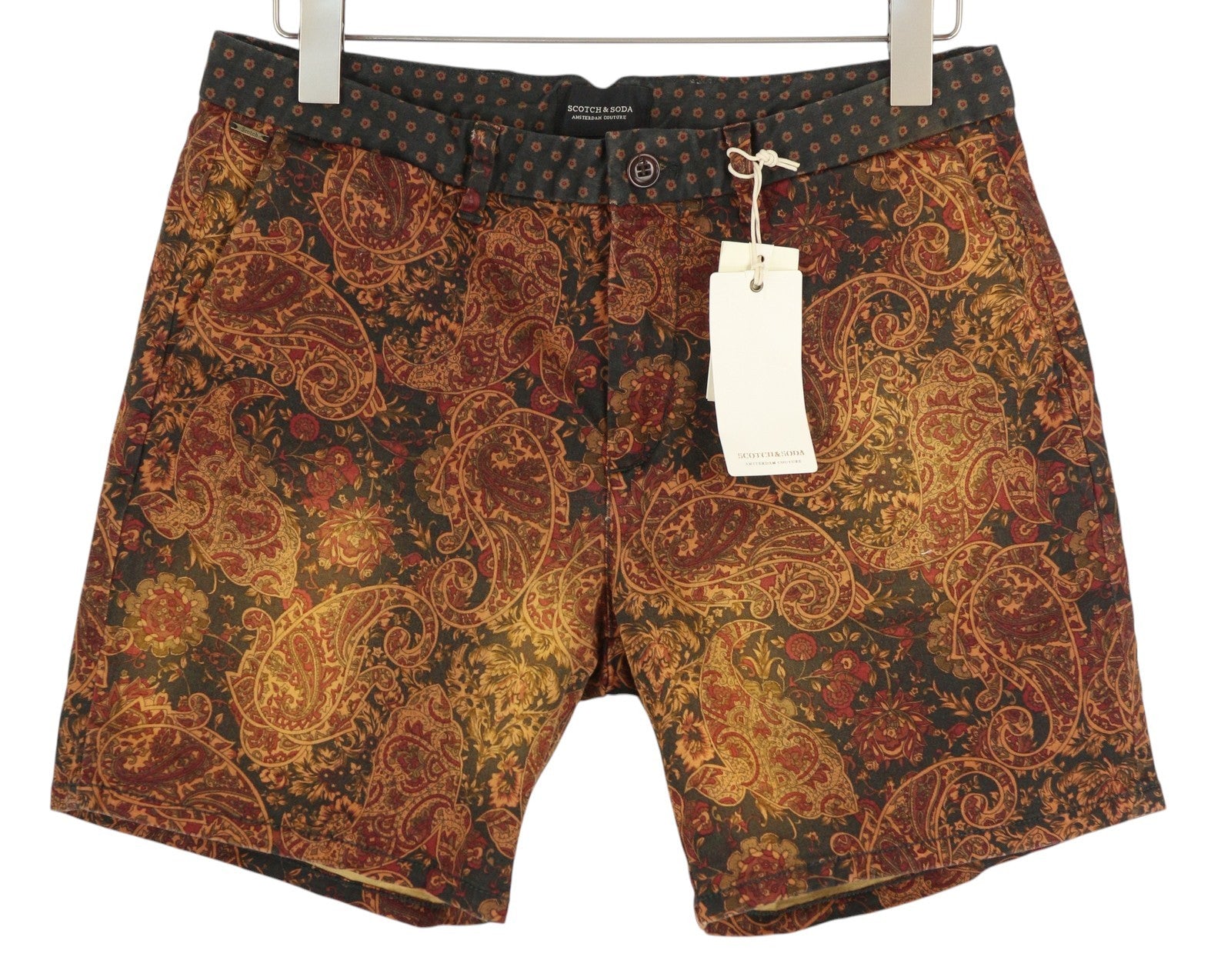 SCOTCH &amp; SODA vyriški šortai W31 rudi su Paisley raštu, užtrauktuku, logotipu ir laisvalaikio chino dryžiais. 