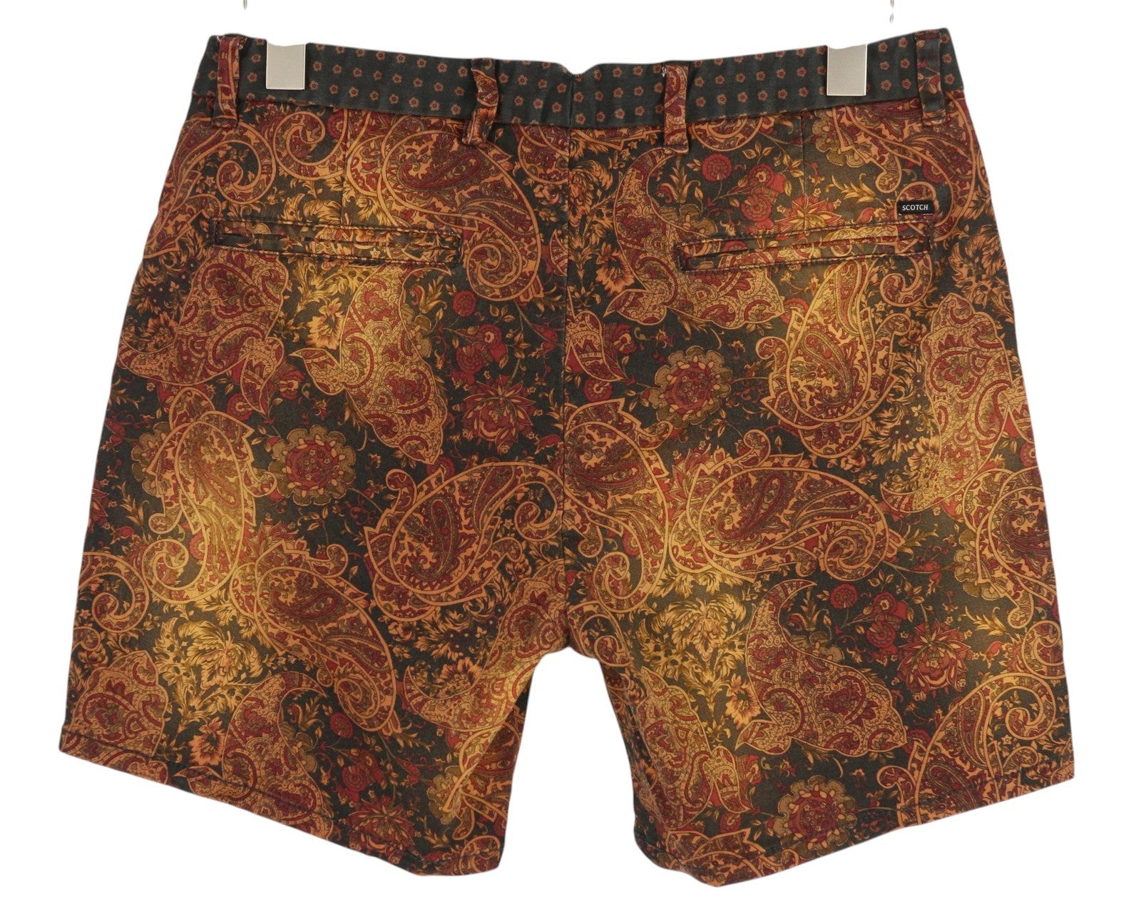 SCOTCH &amp; SODA vyriški šortai W31 rudi su Paisley raštu, užtrauktuku, logotipu ir laisvalaikio chino dryžiais. 