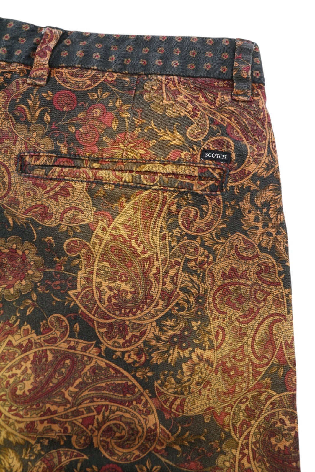 SCOTCH &amp; SODA vyriški šortai W31 rudi su Paisley raštu, užtrauktuku, logotipu ir laisvalaikio chino dryžiais. 