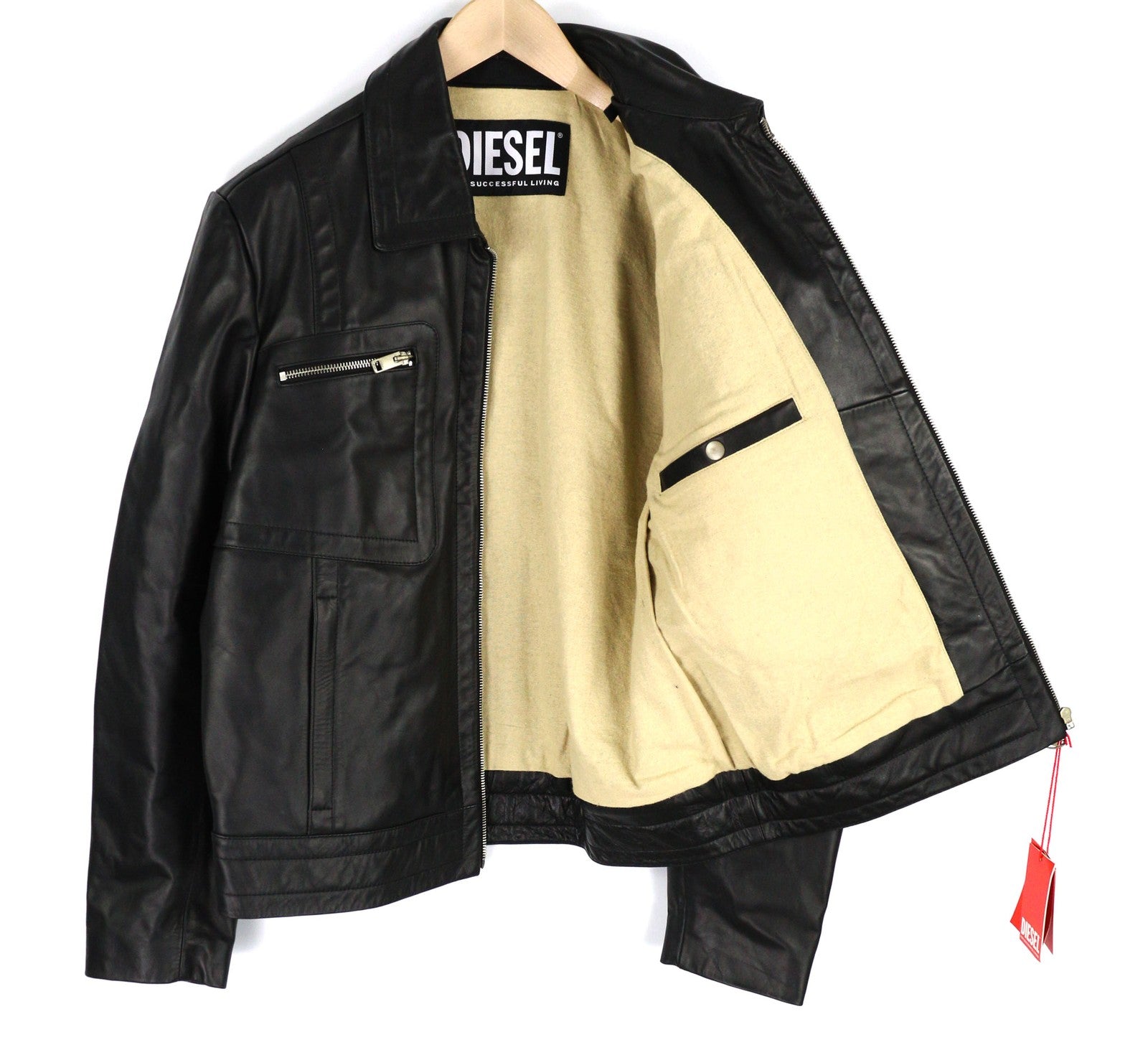 DIESEL L-Cale vyriška striukė L, juoda, odinė, su apykakle ir pamušalu, RRP 650 € 