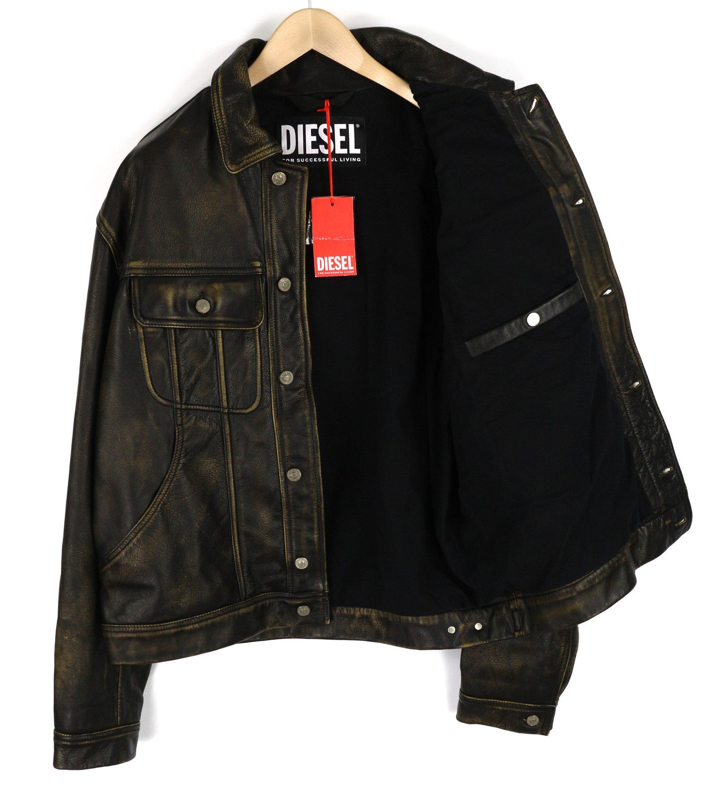 DIESEL L-Riley vyriška striukė XL dydžio, juoda, odinė, sendinto audinio, su sagomis, RRP 895 € 