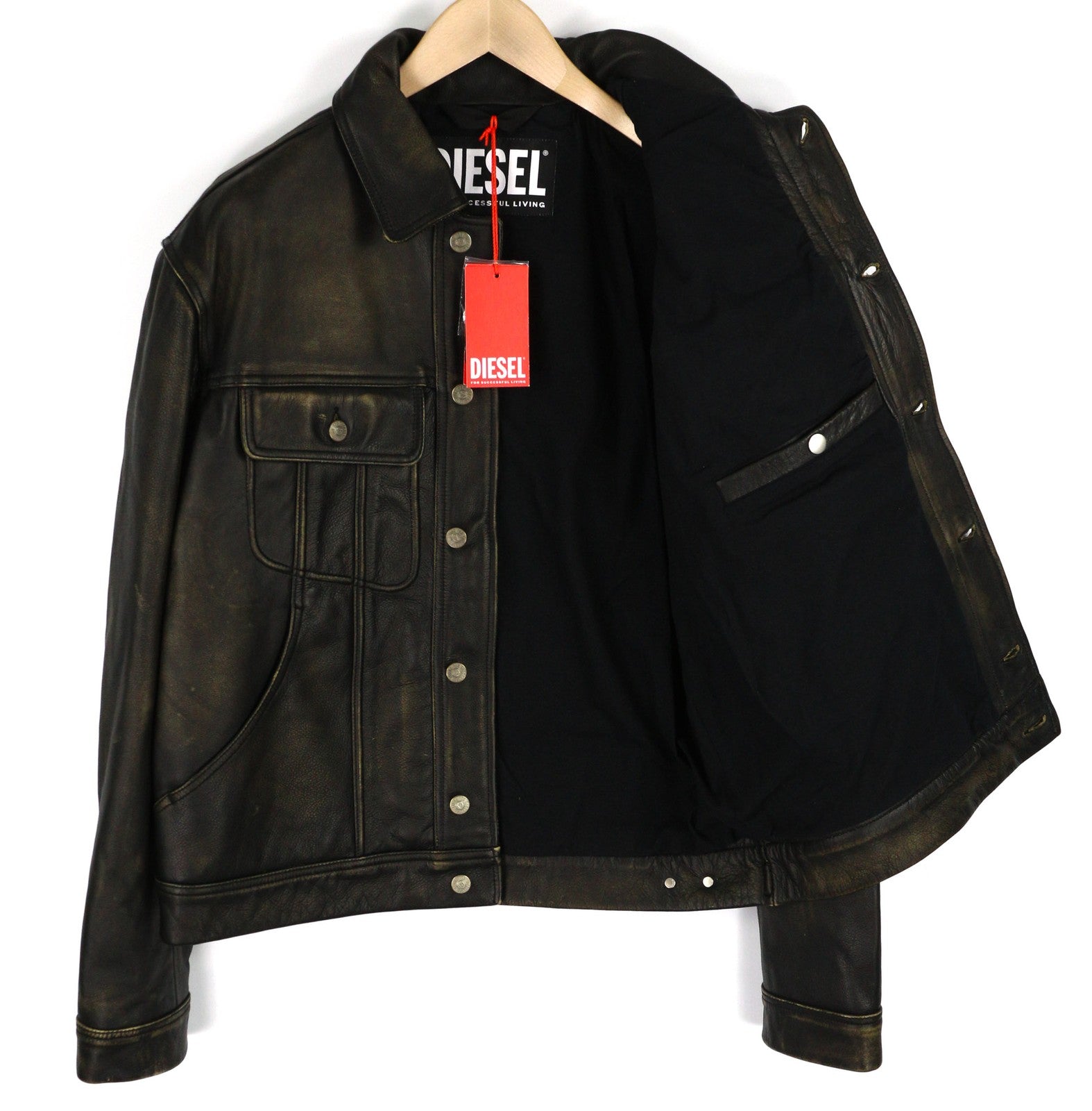 DIESEL L-Riley vyriška striukė L, juoda, odinė, sendinto stiliaus, su sagomis, RRP 895 € 