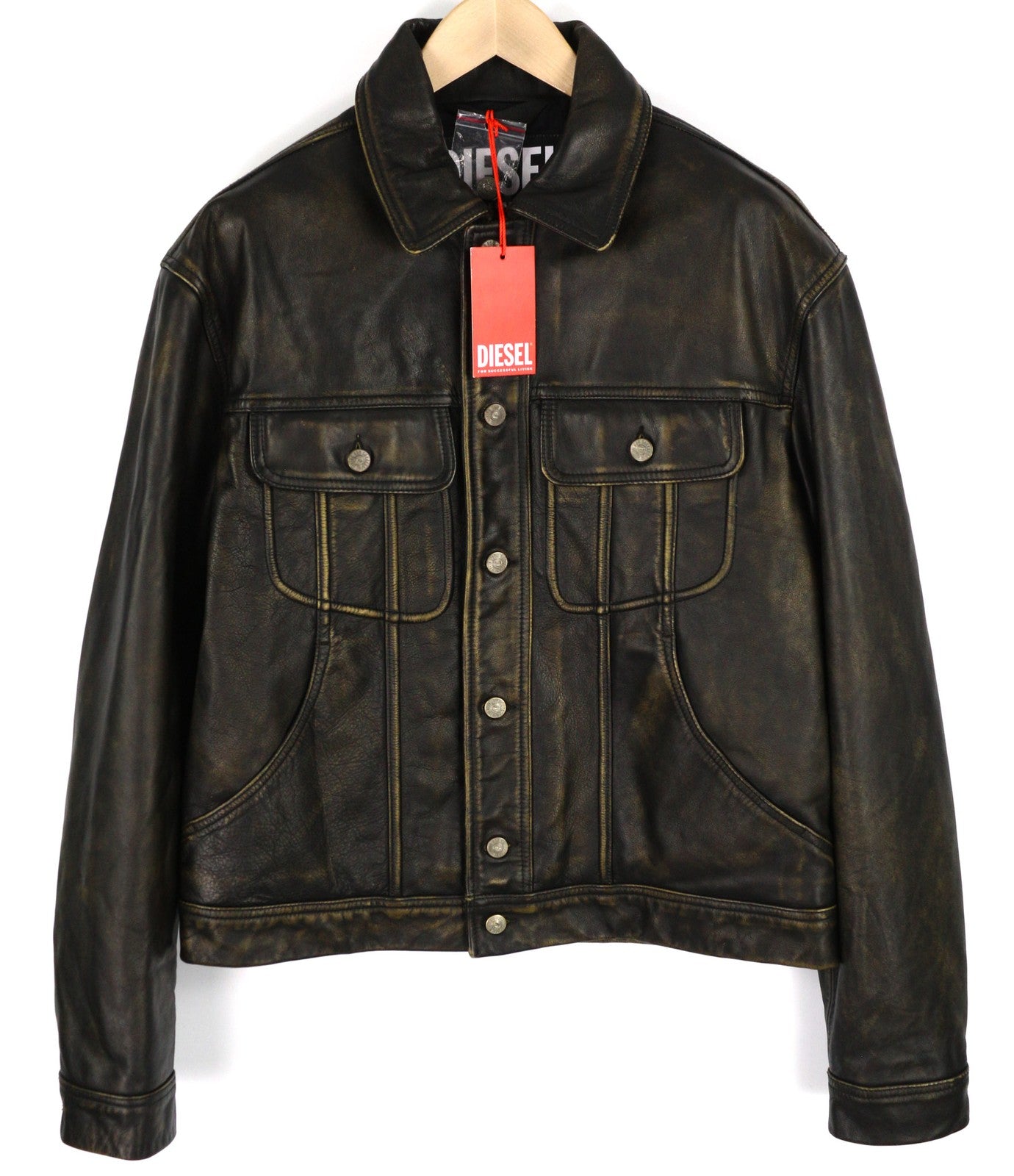 DIESEL L-Riley vyriška striukė L, juoda, odinė, sendinto stiliaus, su sagomis, RRP 895 € 