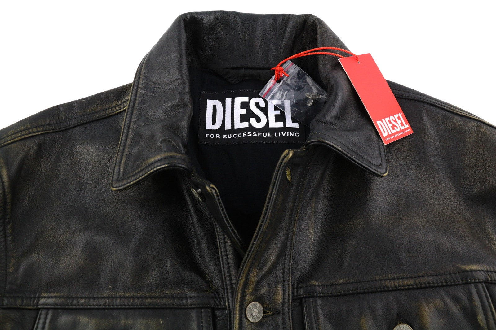 DIESEL L-Riley vyriška striukė L, juoda, odinė, sendinto stiliaus, su sagomis, RRP 895 € 