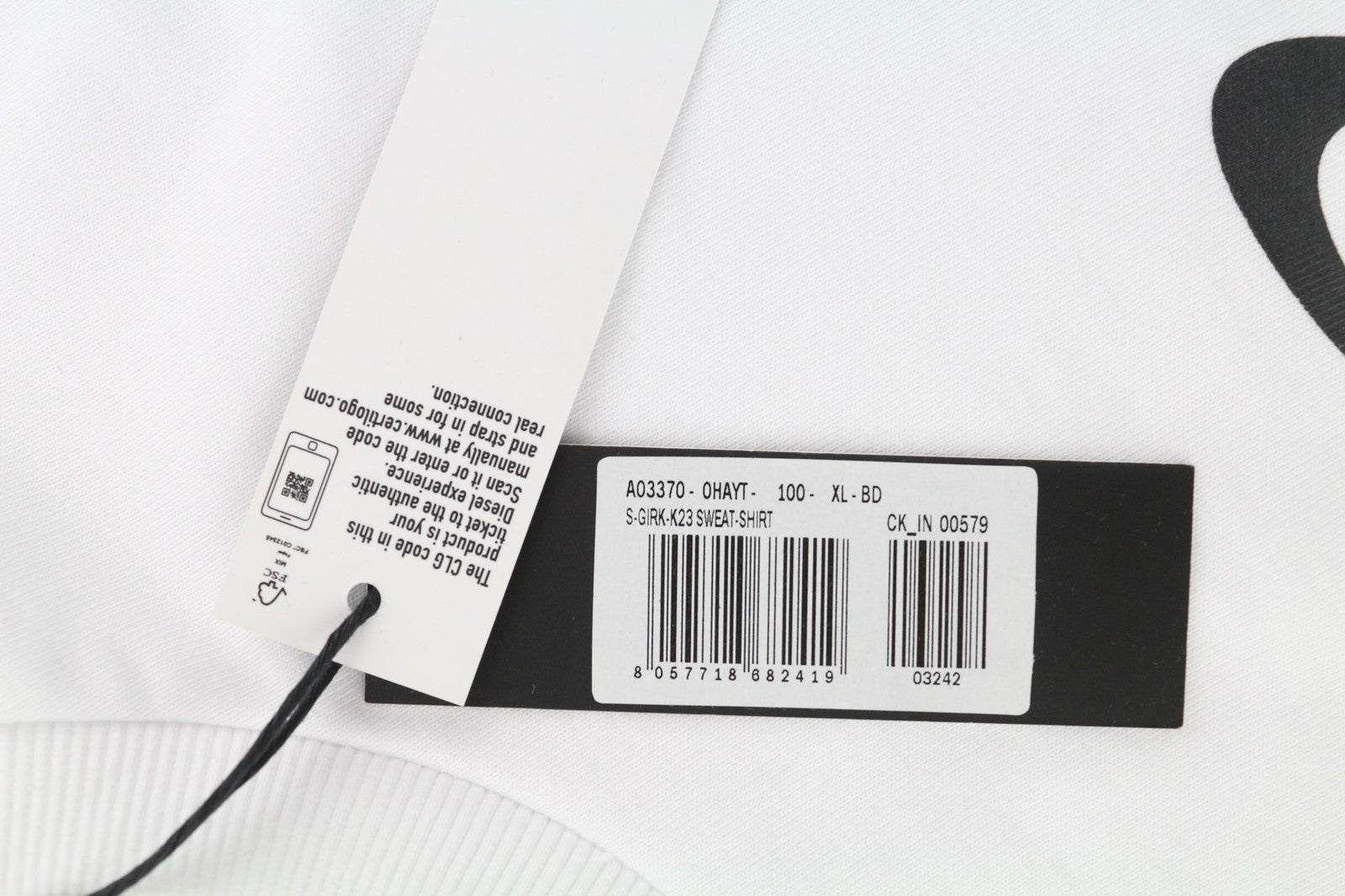 DIESEL S-Girk-K23 vyriškas džemperis, XL dydžio, baltas, su apvalia apykakle priekyje, RRP90