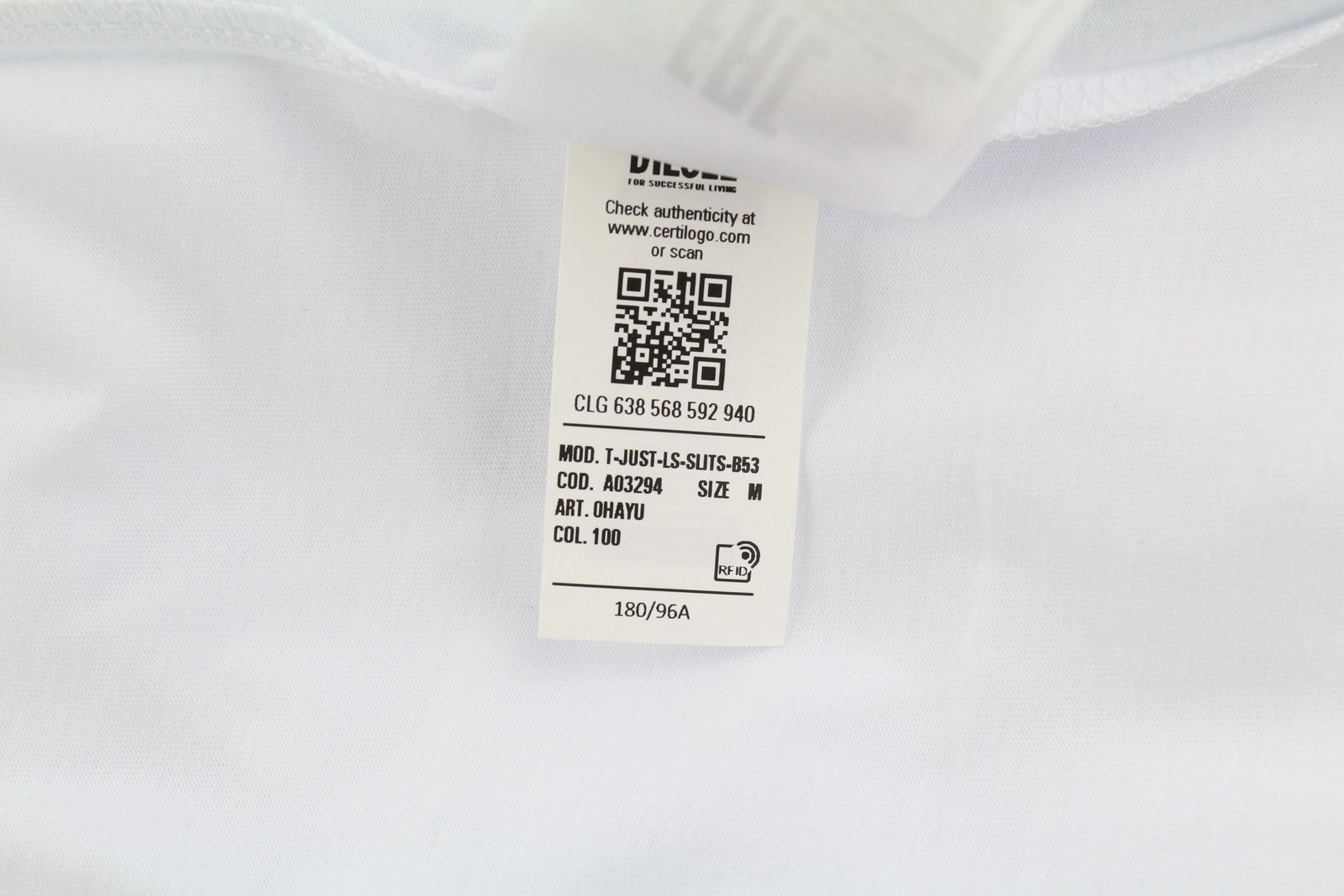 DIESEL T-Just-LS-Slits-B53 vyriški marškinėliai M, balti, megztiniai su apvalia kaklu 