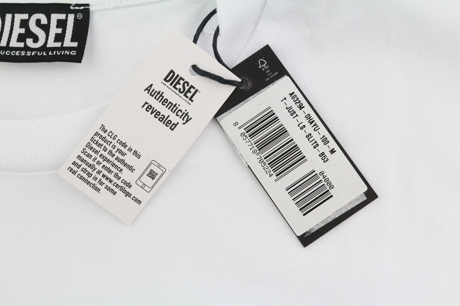 DIESEL T-Just-LS-Slits-B53 vyriški marškinėliai M, balti, megztiniai su apvalia kaklu 