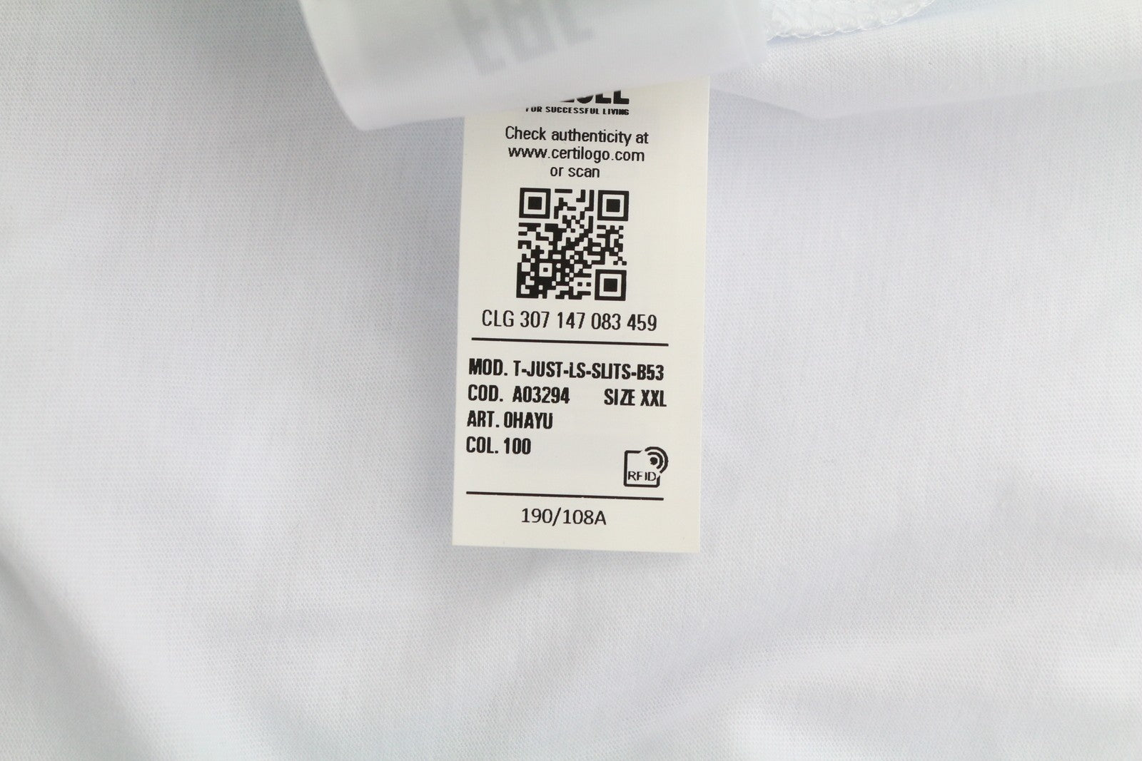 DIESEL T-Just-LS-Slits-B53 vyriški marškinėliai, 2XL, balti, megztiniai su apvalia kaklo iškirpte