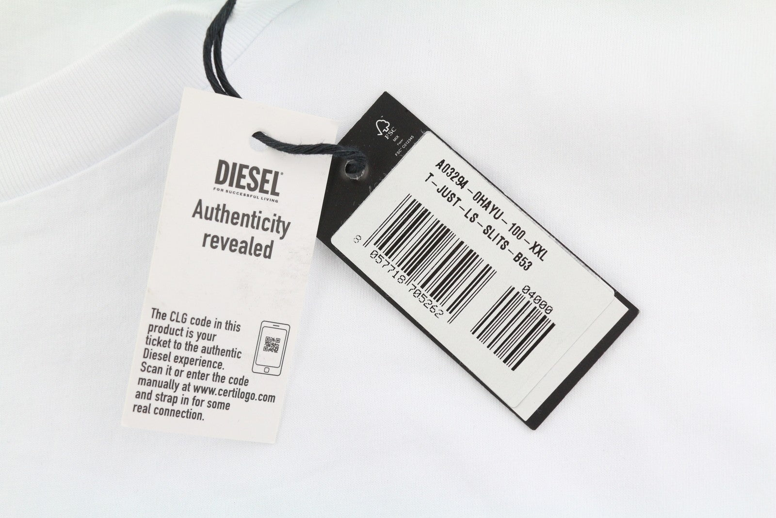 DIESEL T-Just-LS-Slits-B53 vyriški marškinėliai, 2XL, balti, megztiniai su apvalia kaklo iškirpte