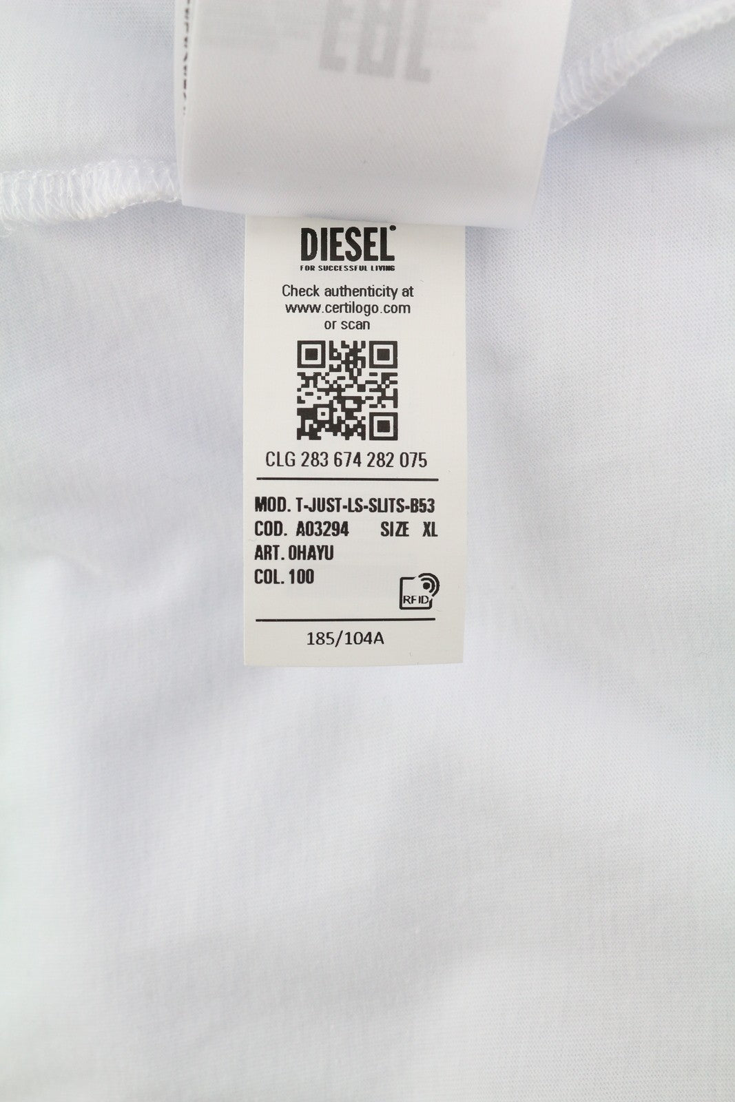 DIESEL T-Just-LS-Slits-B53 vyriški marškinėliai XL dydžio, balti, su apvalia apykakle 