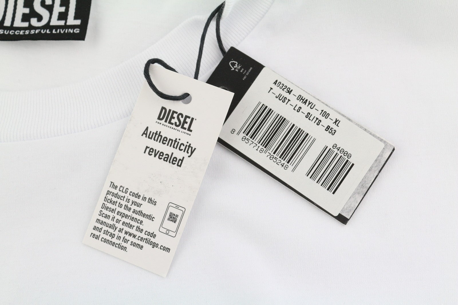 DIESEL T-Just-LS-Slits-B53 vyriški marškinėliai XL dydžio, balti, su apvalia apykakle 