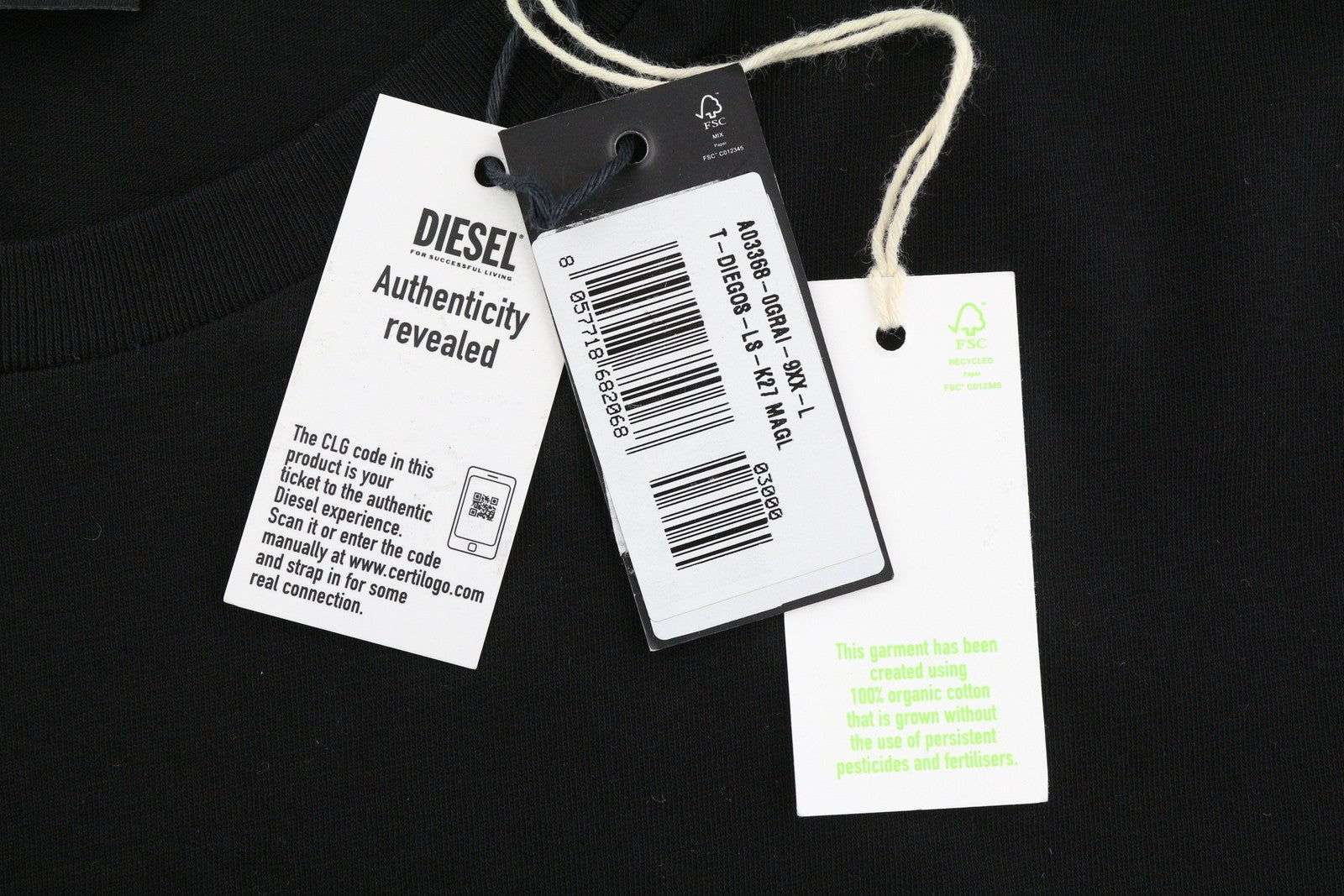 DIESEL T-Diegos-LS-K27 vyriški marškinėliai su juodu megztiniu apvalia apykakle, L dydžio 