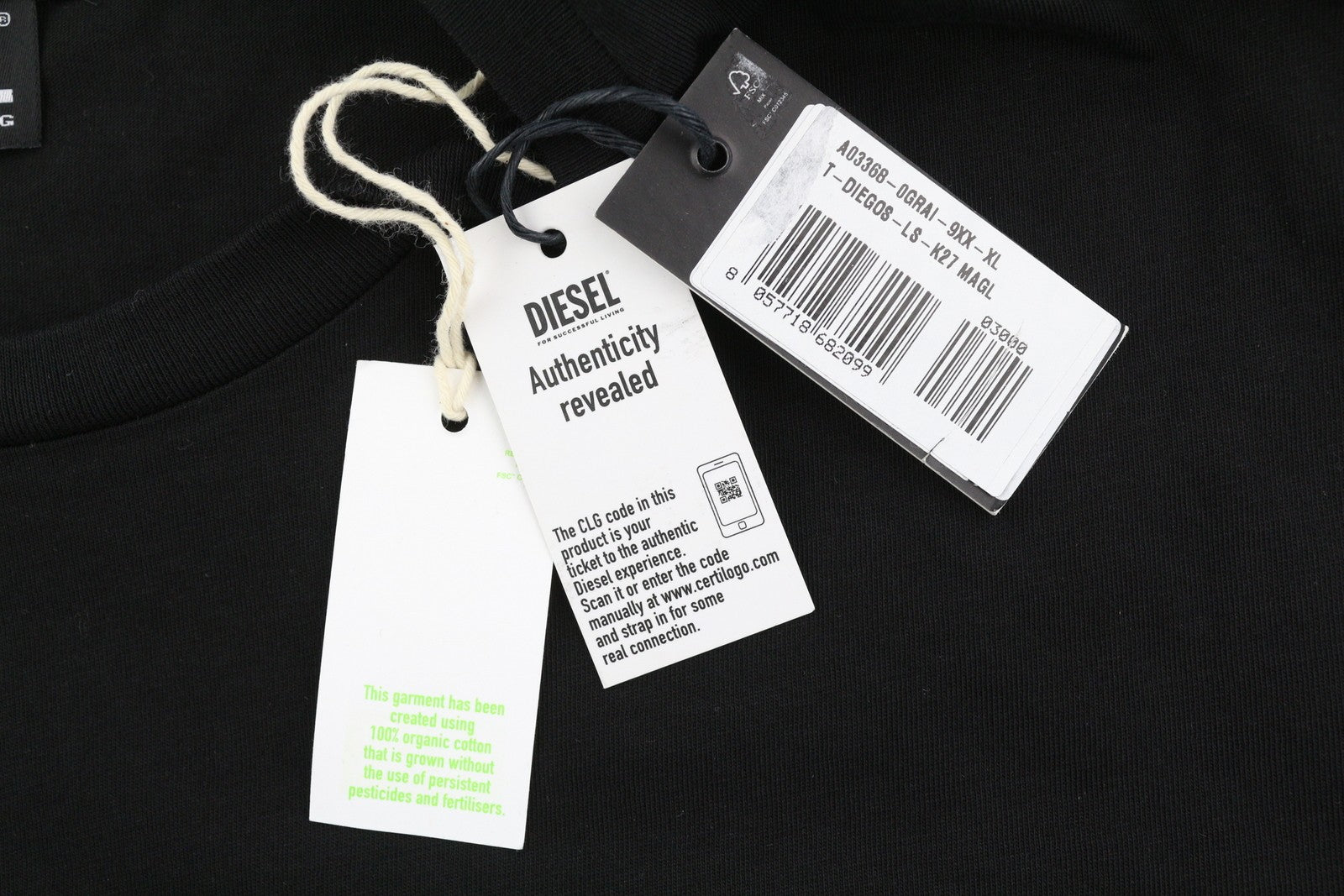 DIESEL T-Diegos-LS-K27 vyriški marškinėliai su XL dydžio juodais megztiniais ir apvalia apykakle 