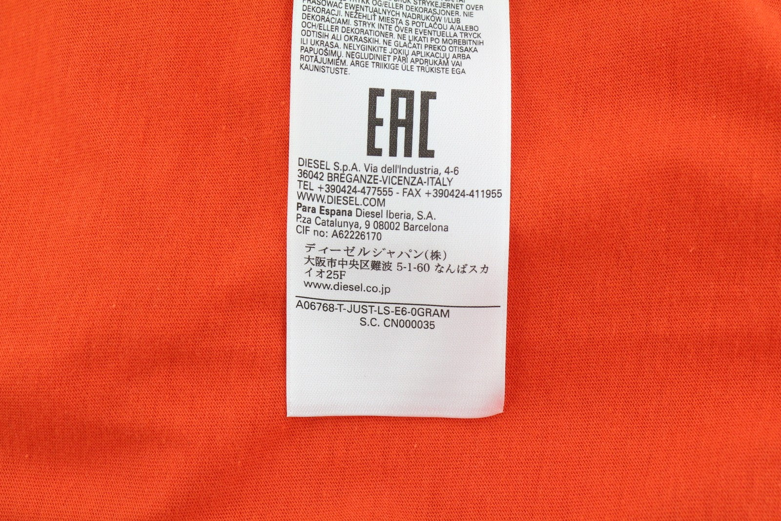 DIESEL T-Just-LS-E6 vyriški marškinėliai L dydžio oranžiniai su megztiniu ilgomis rankovėmis apvalia apykakle 