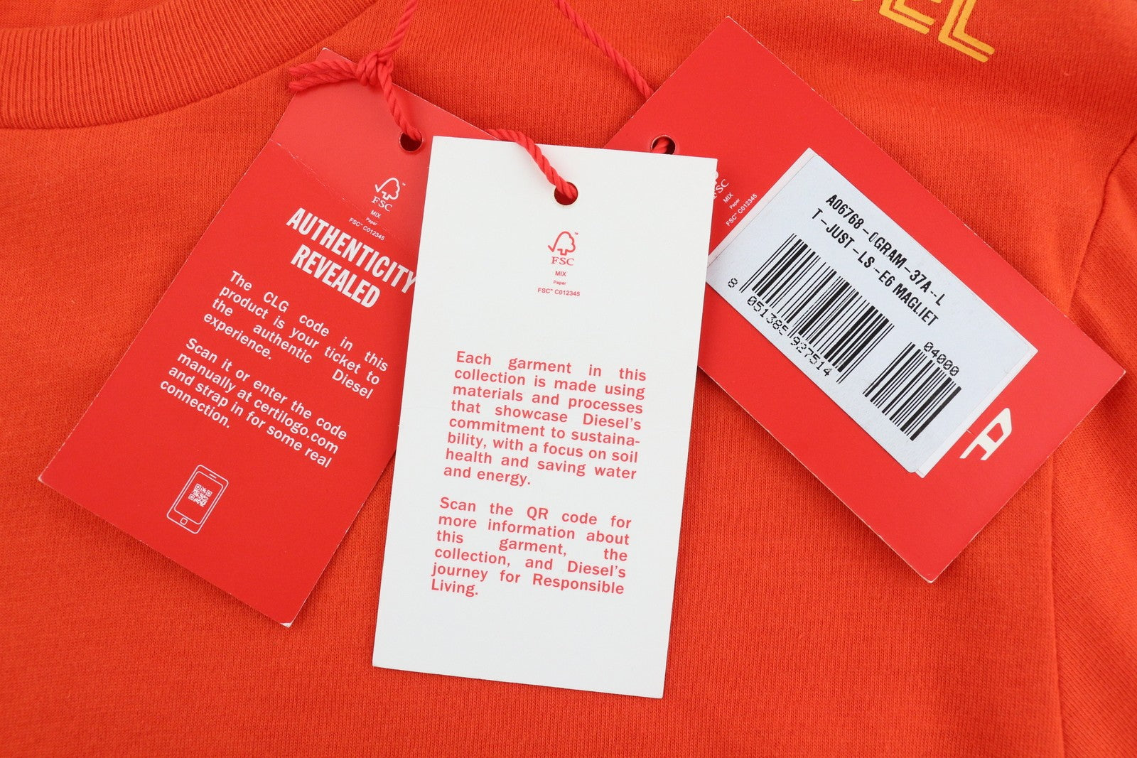 DIESEL T-Just-LS-E6 vyriški marškinėliai L dydžio oranžiniai su megztiniu ilgomis rankovėmis apvalia apykakle 