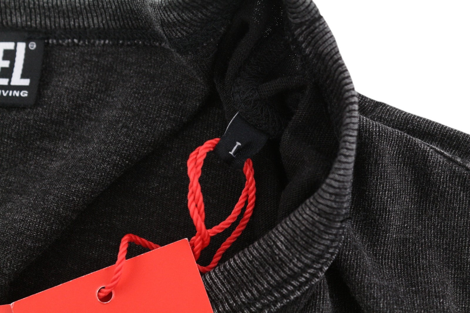 DIESEL T-Schul vyriški marškinėliai L dydžio, juodi, skalbto efekto, megzti ilgomis rankovėmis 