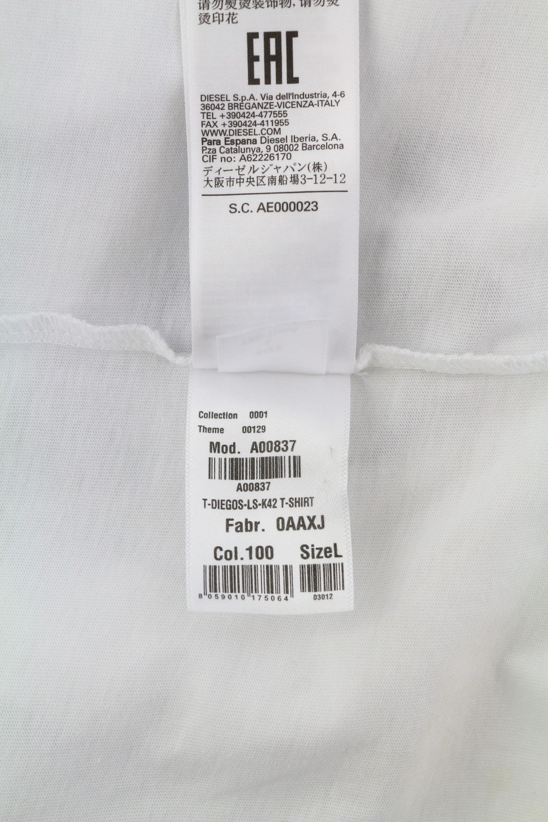 DIESEL T-Diegos-LS-K42 vyriški marškinėliai L, balti ilgomis rankovėmis, apvalios iškirptės, trikotažo spalvos 