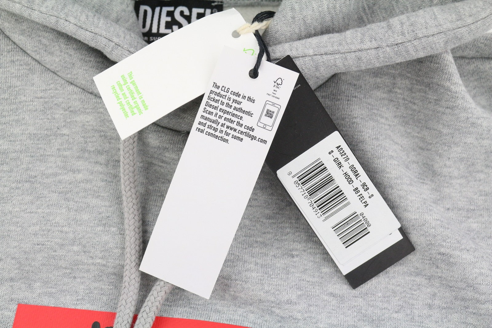 DIESEL S-Girk-Hood-B8 vyriškas džemperis su gobtuvu S pilkos spalvos melanže su kengūros kišene RRP130