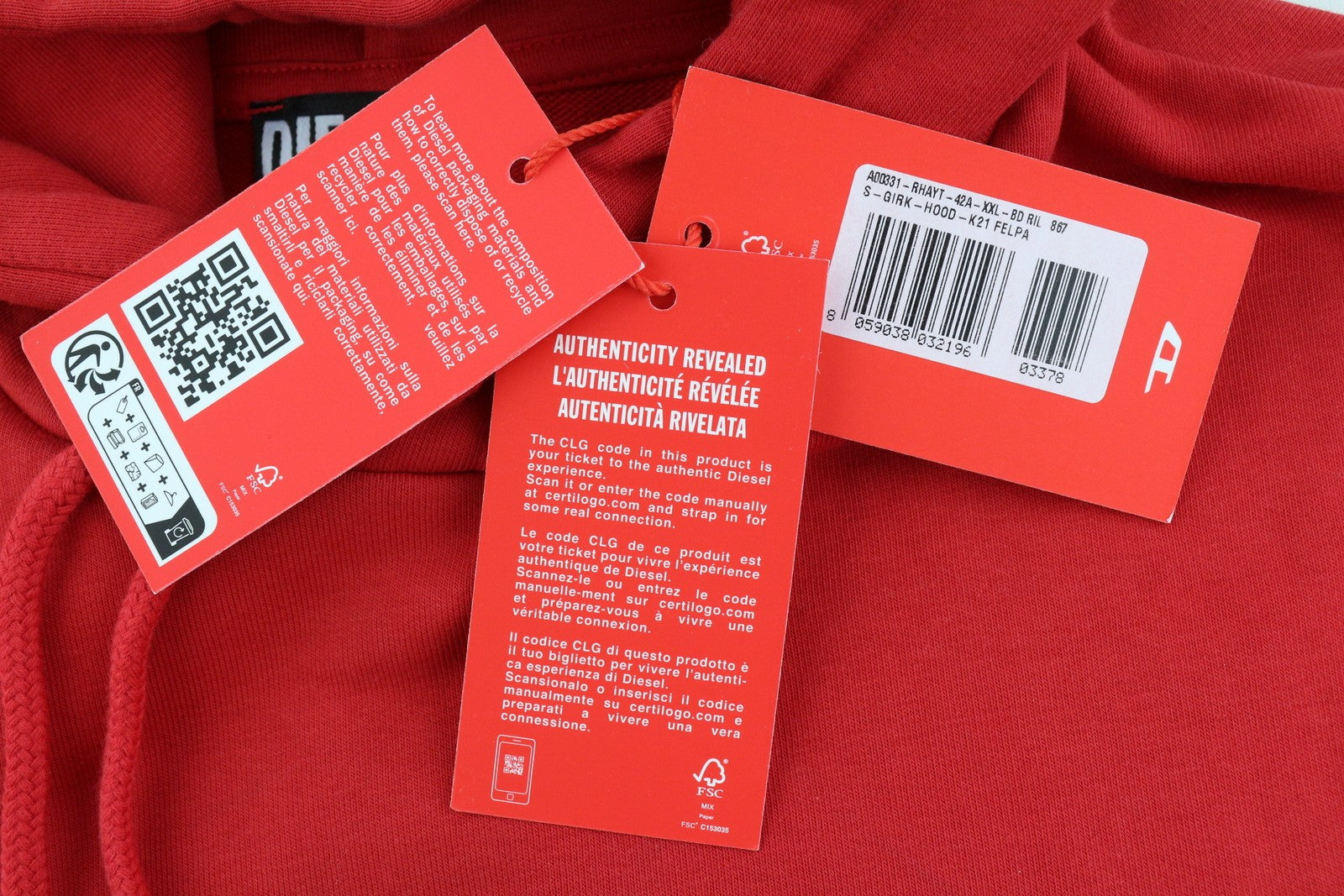 DIESEL S-Girk-Hood-K21 vyriškas džemperis su gobtuvu, 2XL, raudonas, su kengūros kišene, RRP 110 € 