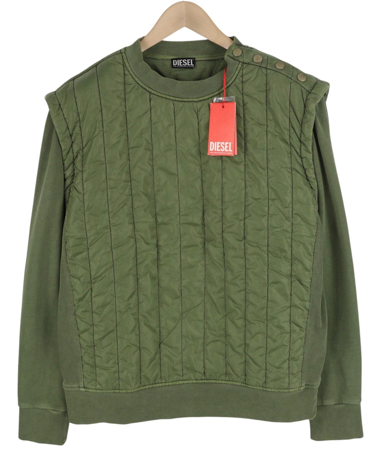 DIESEL S-Holty vyriškas L dydžio chaki spalvos megztinis su apvalia kaklo dalimi, paminkštinta, dygsniuota... RMK 225 € 