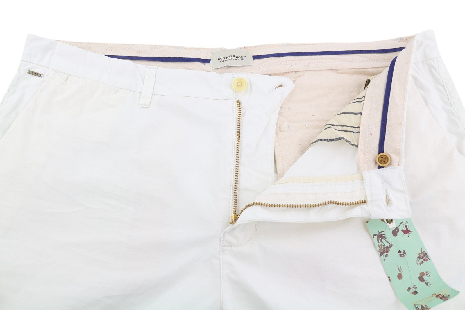 SCOTCH & SODA Men Shorts W38 Chino White Zip Fly 5-Design Pockets Logo Casual