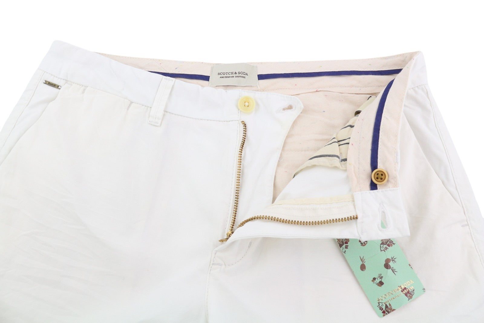 SCOTCH & SODA Men Shorts W31 Chino White Zip Fly 5-Design Pockets Logo Casual