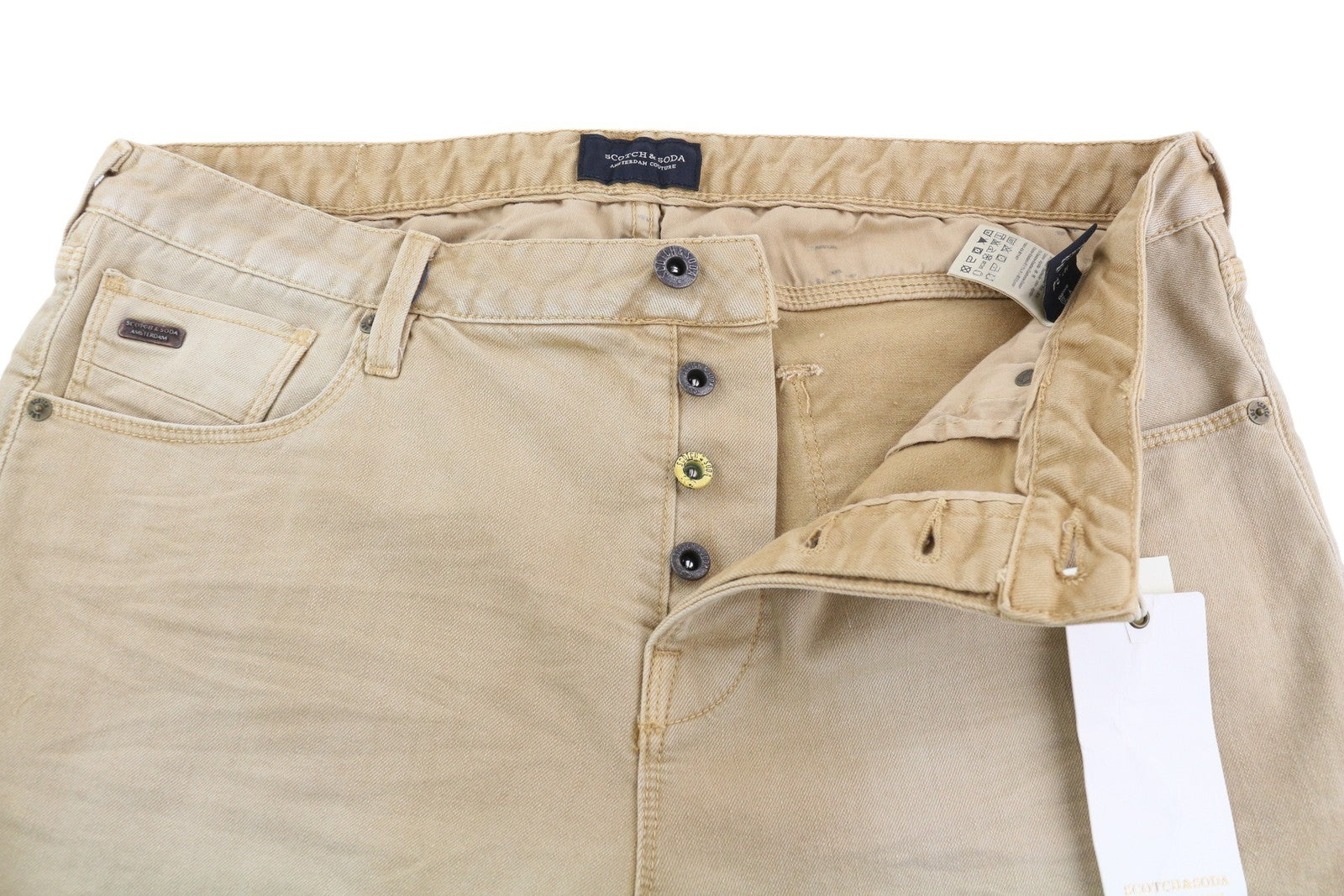 SCOTCH & SODA Men Shorts W34 Denim Washed Beige Button Fly Pockets Logo Casual