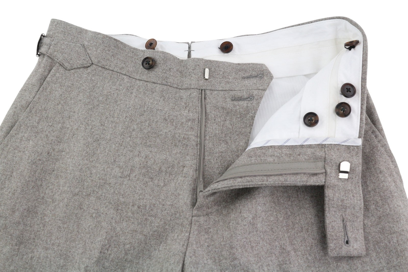 SUITSUPPLY Soho Satu vyriškos kelnės, UK26R, pilkos melanžo spalvos, grynos vilnos flanelinės, atlenktos 