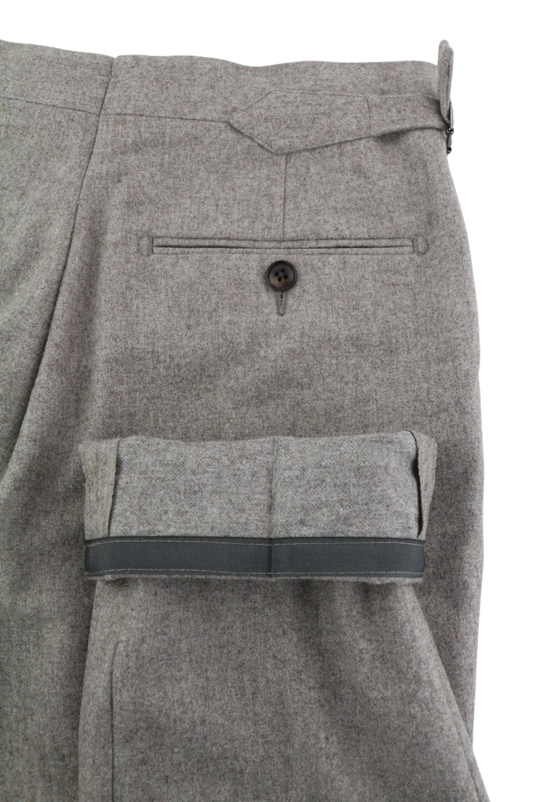 SUITSUPPLY Soho Satu vyriškos kelnės, UK26R, pilkos melanžo spalvos, grynos vilnos flanelinės, atlenktos 