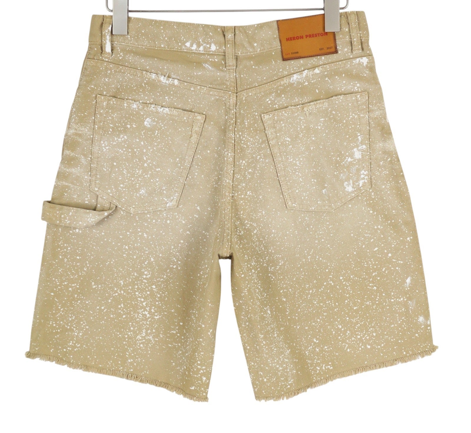 HERON PRESTON vyriški šortai M, džinsinio smėlio spalvos, dažyti sagomis, laisvalaikio stiliaus. 