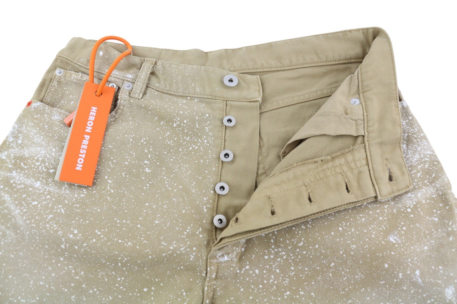 HERON PRESTON vyriški šortai M, džinsinio smėlio spalvos, dažyti sagomis, laisvalaikio stiliaus. 