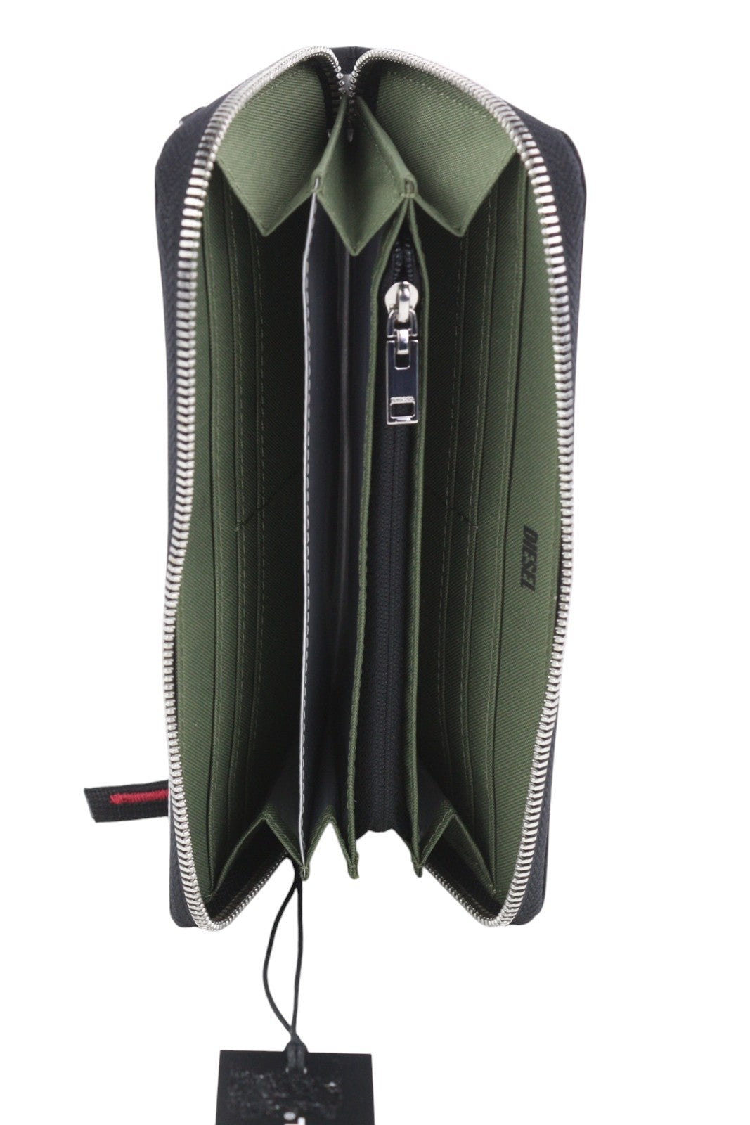 DIESEL 24" vyriška piniginė su užtrauktuku, juodos spalvos, odinė, unisex, su tamsiu logotipu. 