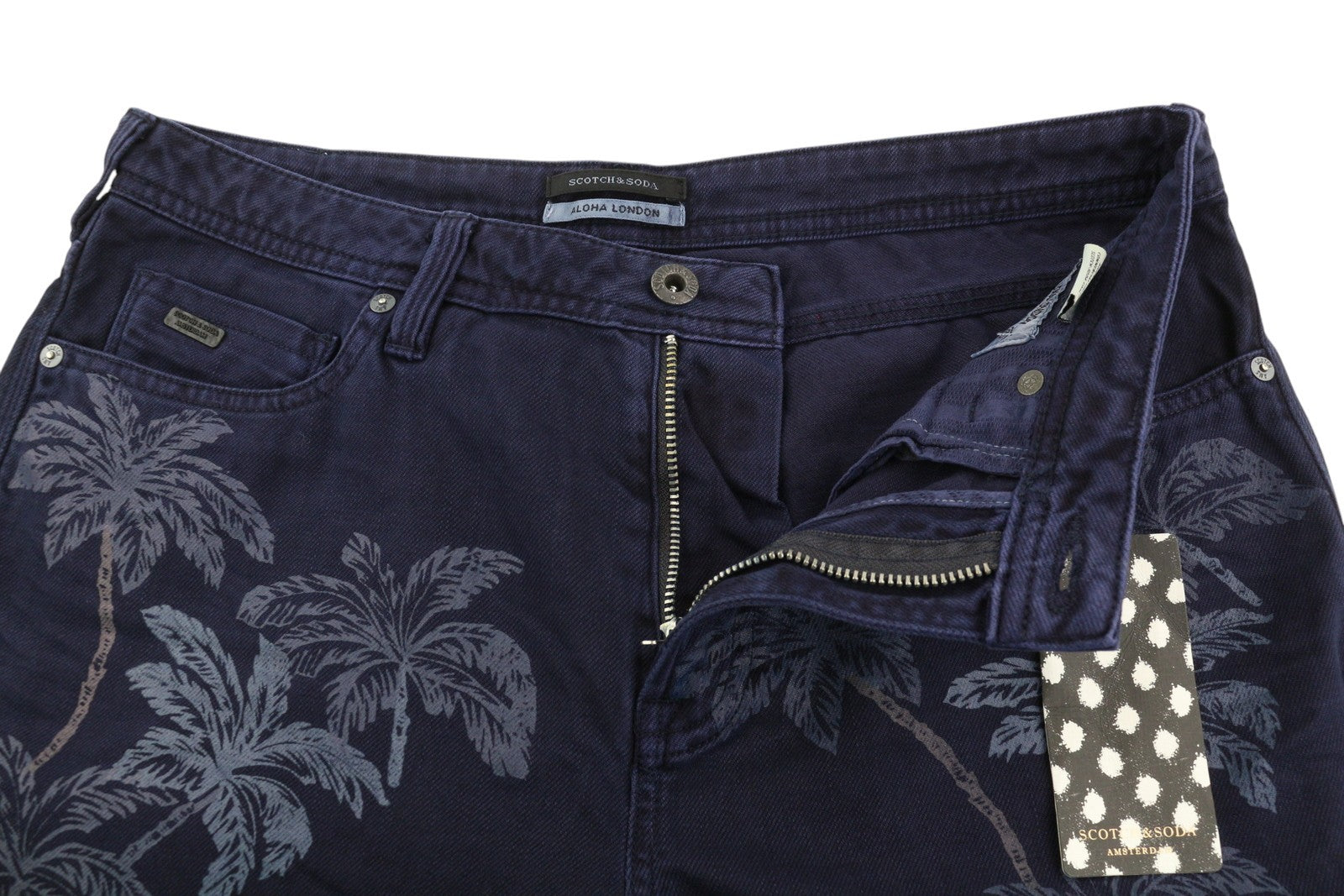 SCOTCH & SODA Men Shorts ~W30 Denim Dark Blue Palm Tree Print Zip Fly Casual