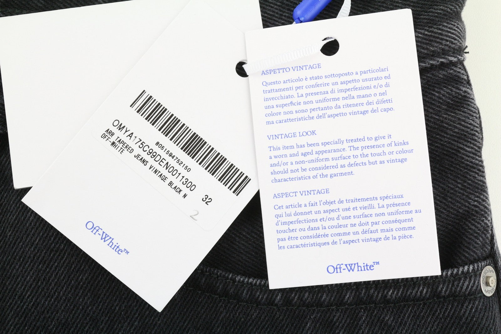 OFF-WHITE Arr Tapered Men Jeans W32 Denim Washed Black Button Fly Logo Casual