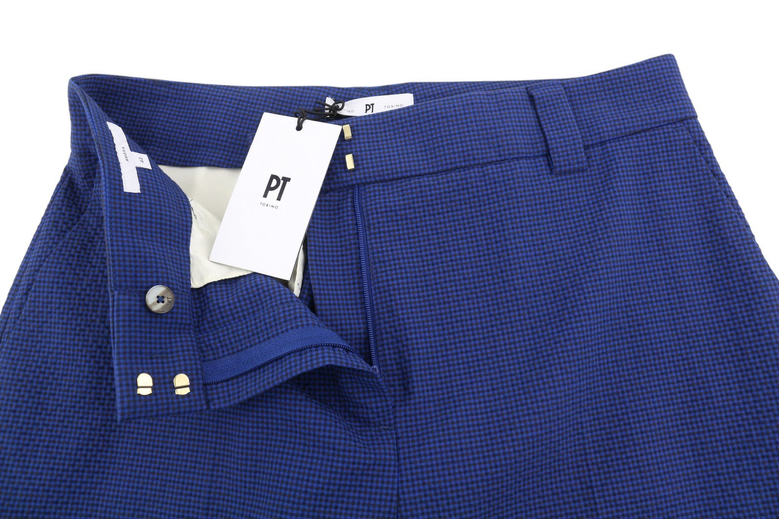 PT TORINO Ambra moteriškos kelnės 42 W30 mėlynos raštuotos atlenktos siaurėjančios iki kulkšnių 