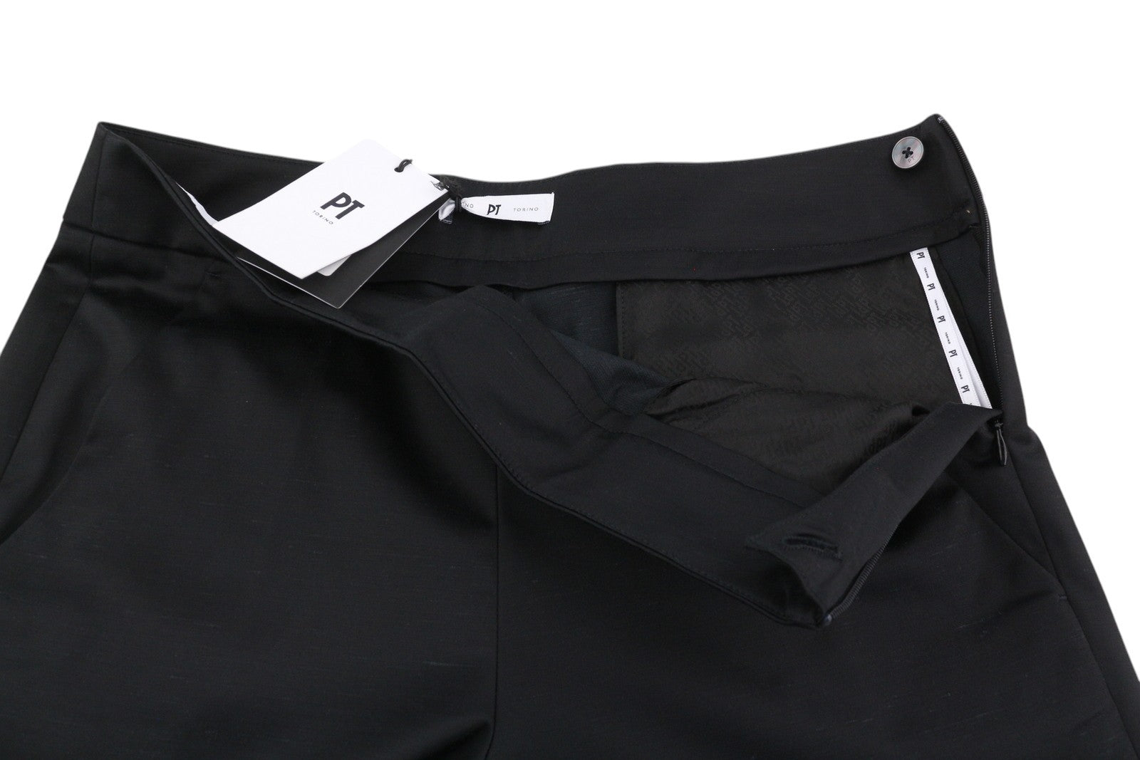 PT TORINO Taylor moteriškos kelnės 44 W31 juodos šilko mišinio aukštu liemeniu platėjančiomis klešnėmis 