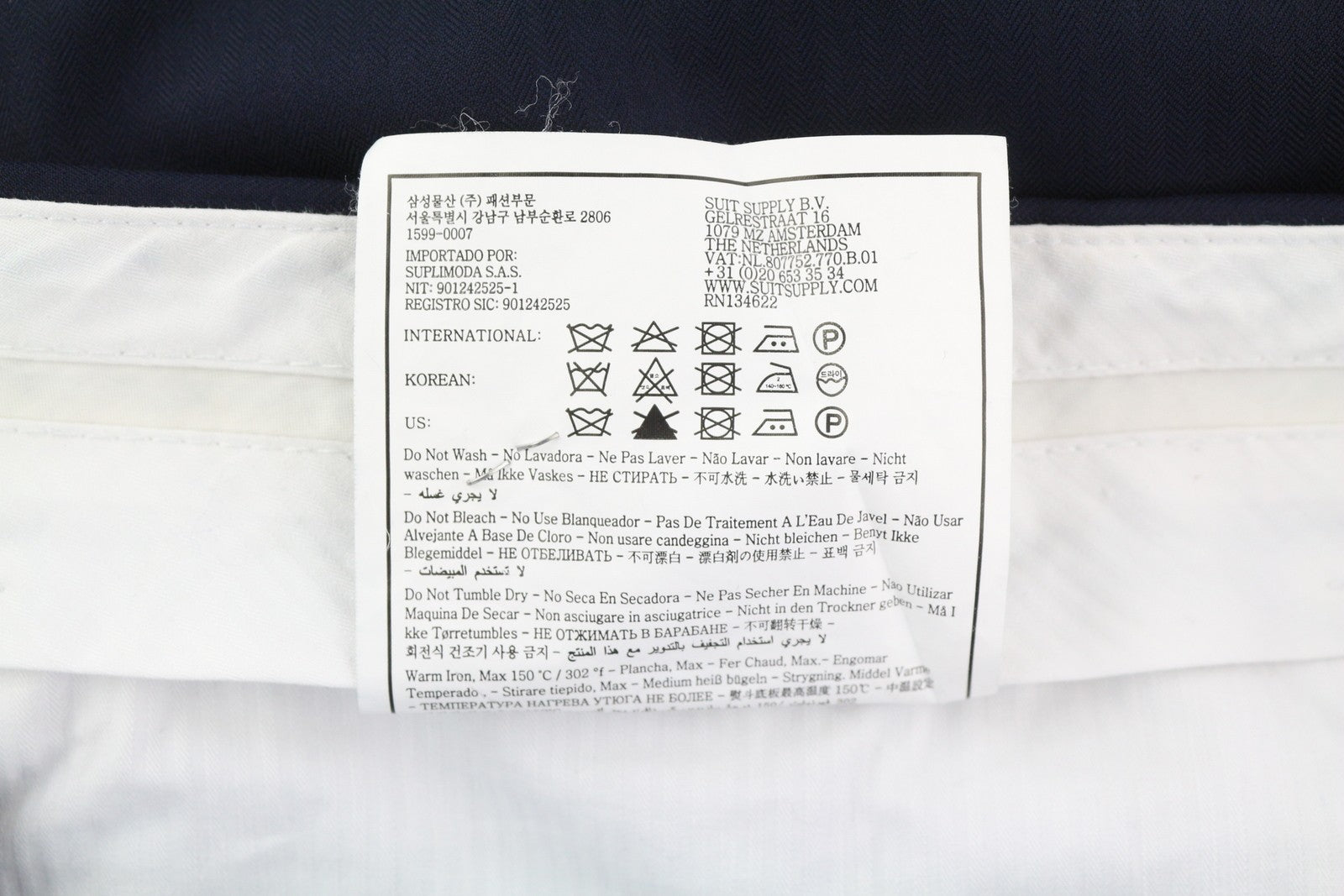 SUITSUPPLY Brescia vyriškos kelnės UK48S tamsiai mėlynos vilnonės, prigludusios, plokščia priekine dalimi, su užtrauktuku 