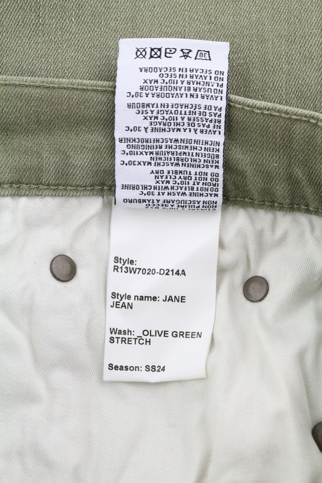 R13 Jane moteriški džinsai, 27, laisvi, tiesūs, aukštu juosmeniu, alyvuogių žalios spalvos, tamprūs, rekomenduojama kaina – 645 € 