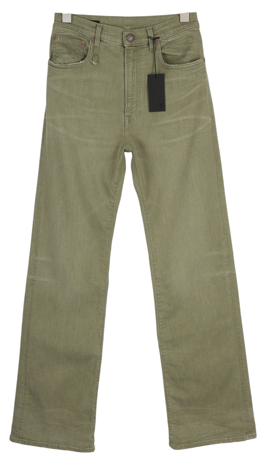 R13 Jane moteriški džinsai, 27, laisvi, tiesūs, aukštu juosmeniu, alyvuogių žalios spalvos, tamprūs, rekomenduojama kaina – 645 € 