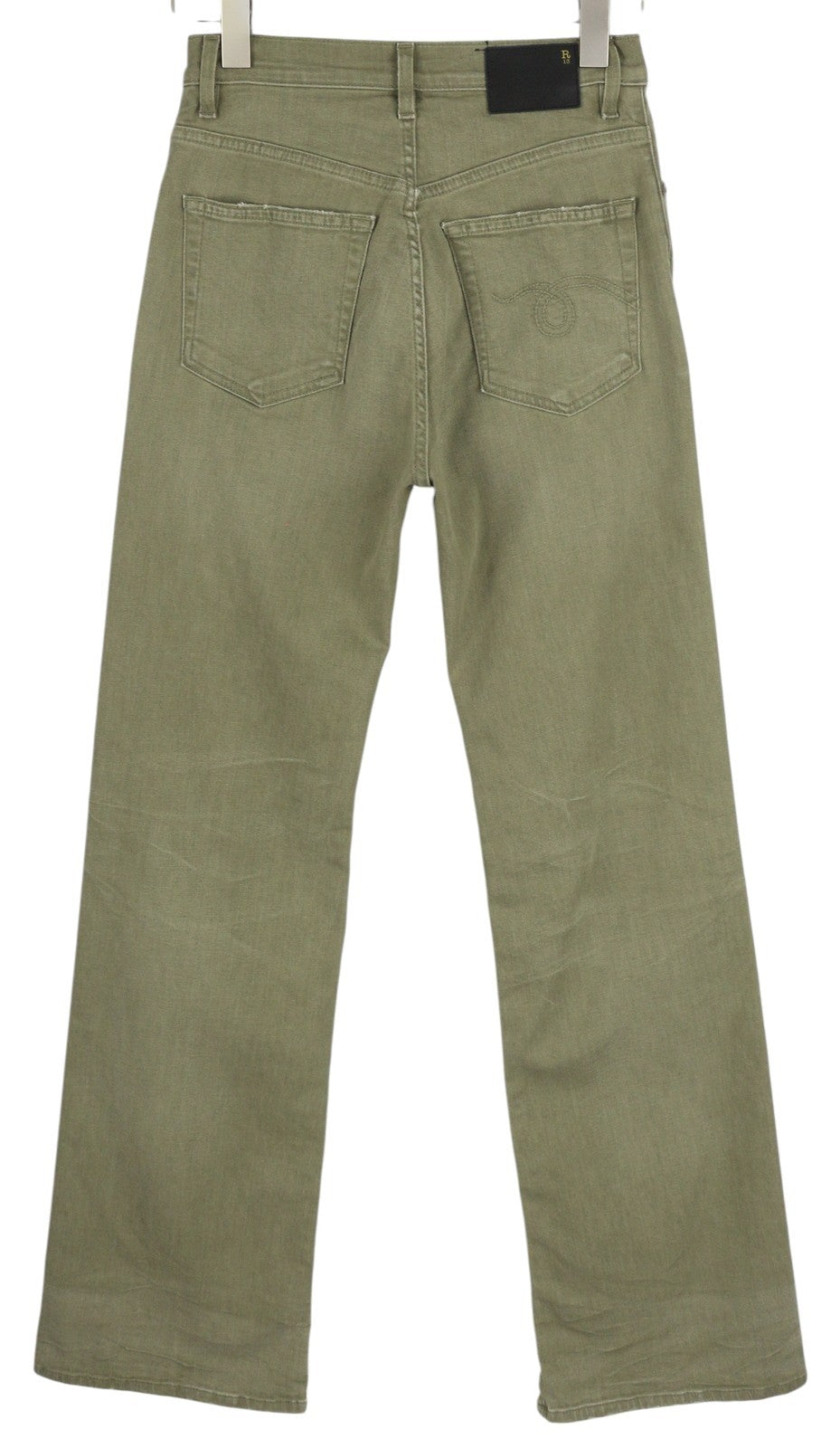 R13 Jane moteriški džinsai, 27, laisvi, tiesūs, aukštu juosmeniu, alyvuogių žalios spalvos, tamprūs, rekomenduojama kaina – 645 € 