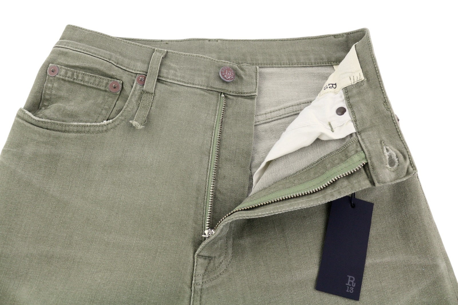 R13 Jane moteriški džinsai, 27, laisvi, tiesūs, aukštu juosmeniu, alyvuogių žalios spalvos, tamprūs, rekomenduojama kaina – 645 € 