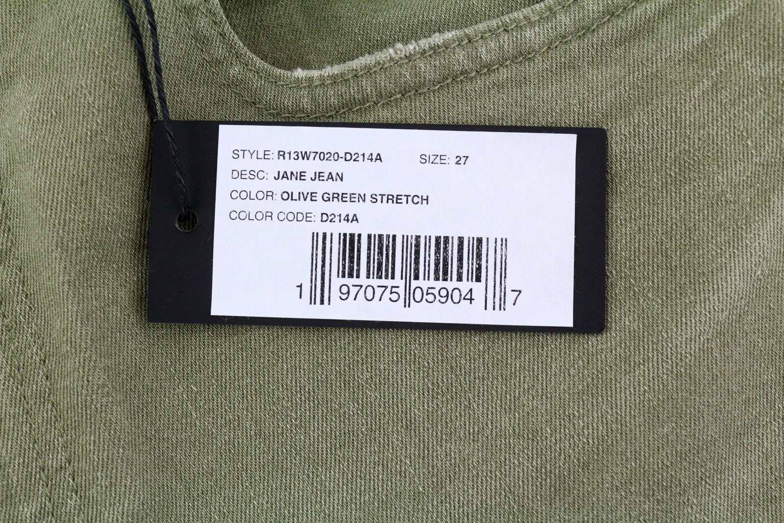 R13 Jane moteriški džinsai, 27, laisvi, tiesūs, aukštu juosmeniu, alyvuogių žalios spalvos, tamprūs, rekomenduojama kaina – 645 € 