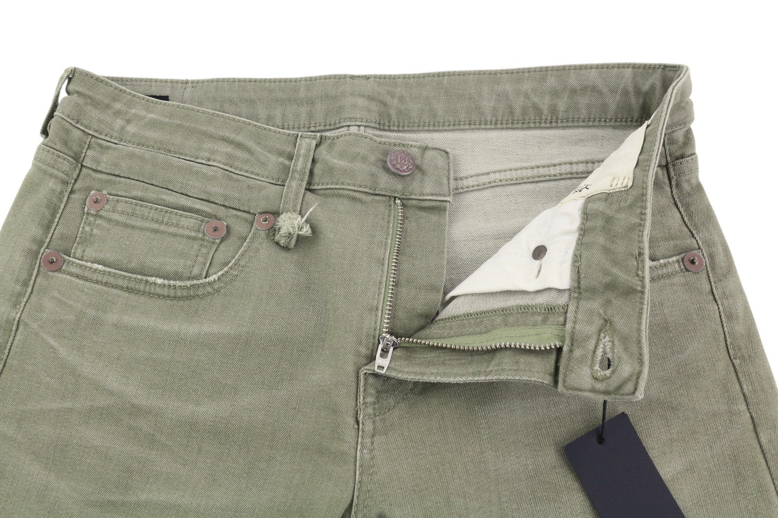 R13 Boy Straight Women Jeans 27 Ankle Cropped Washed Olive Green Stretch RRP€695