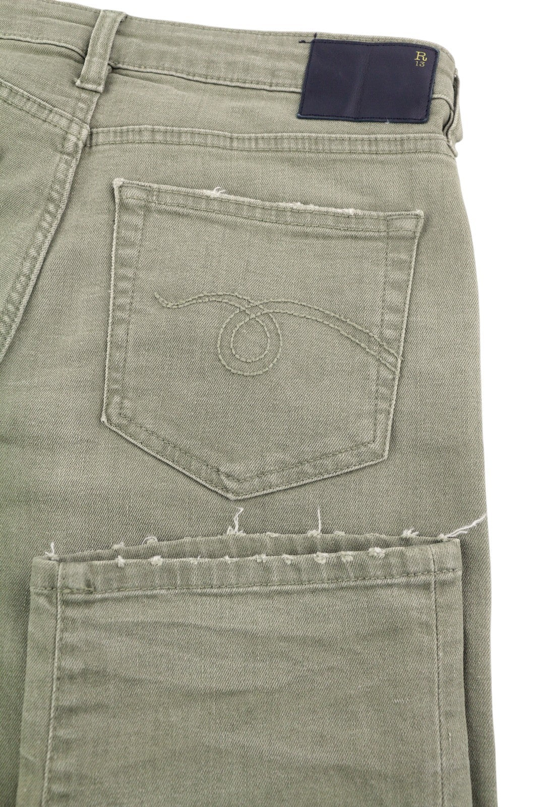 R13 Boy Straight Women Jeans 27 Ankle Cropped Washed Olive Green Stretch RRP€695