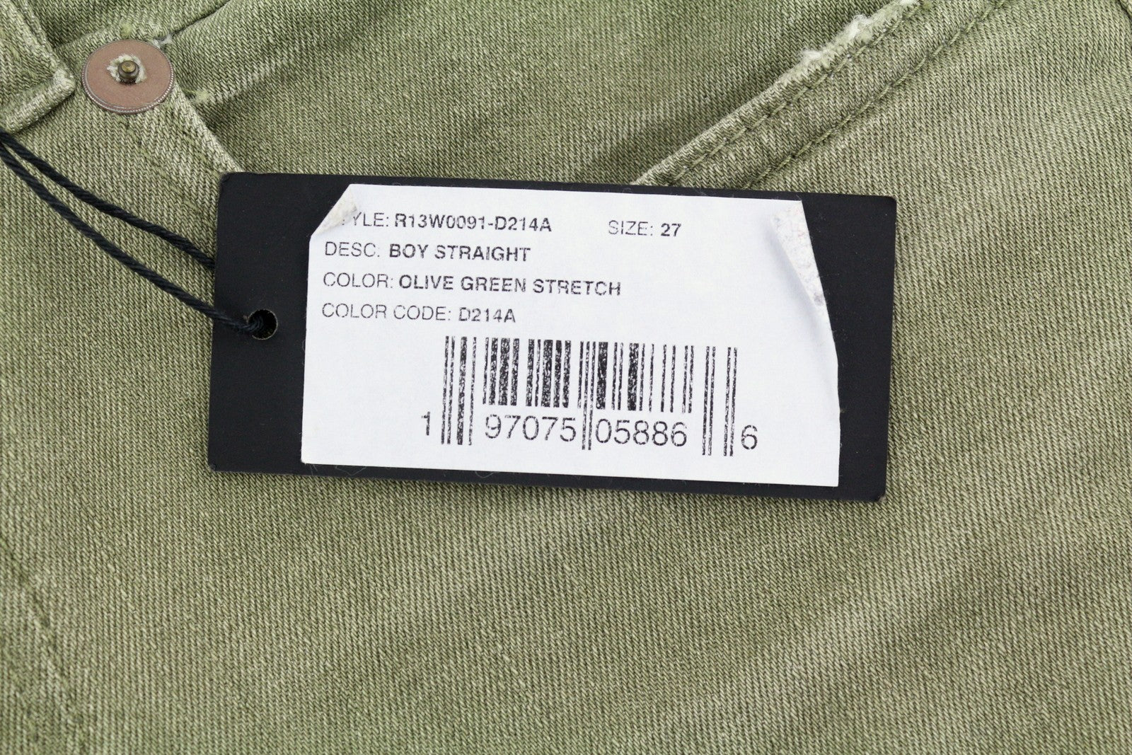 R13 Boy Straight Women Jeans 27 Ankle Cropped Washed Olive Green Stretch RRP€695