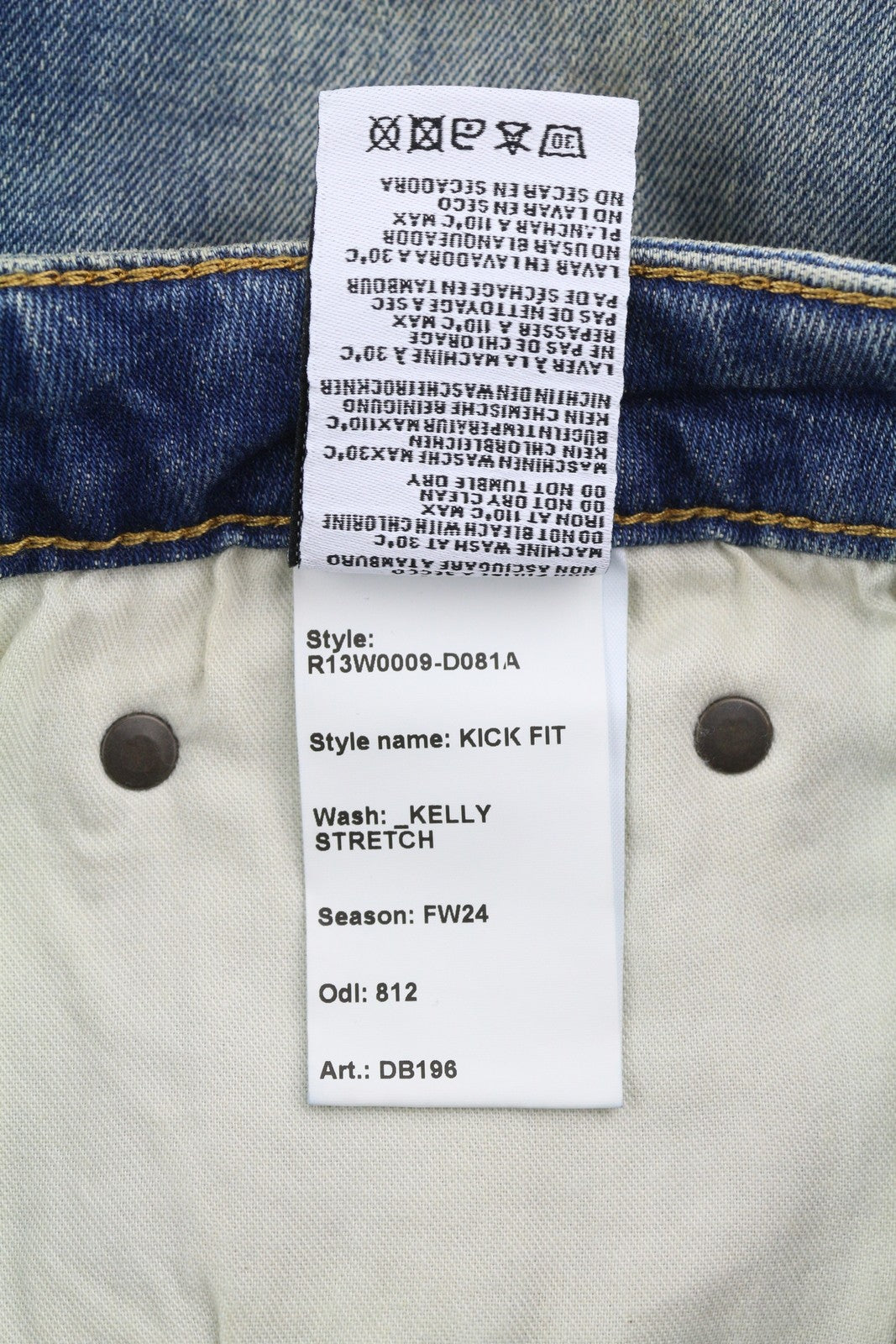 R13 Kick moteriški džinsai, 30 dydžio, trumpi, iki kulkšnies, skalbti mėlyni, tamprūs Kelly džinsai, RRP – 650 € 